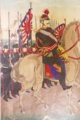 A Meiji period Japanese woodcut print of the Emperor on horseback, AF, 9" x 11"