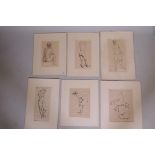 Six life studies, pen and ink, and pencil on paper, unsigned, in card mounts, approx 6" x 10"