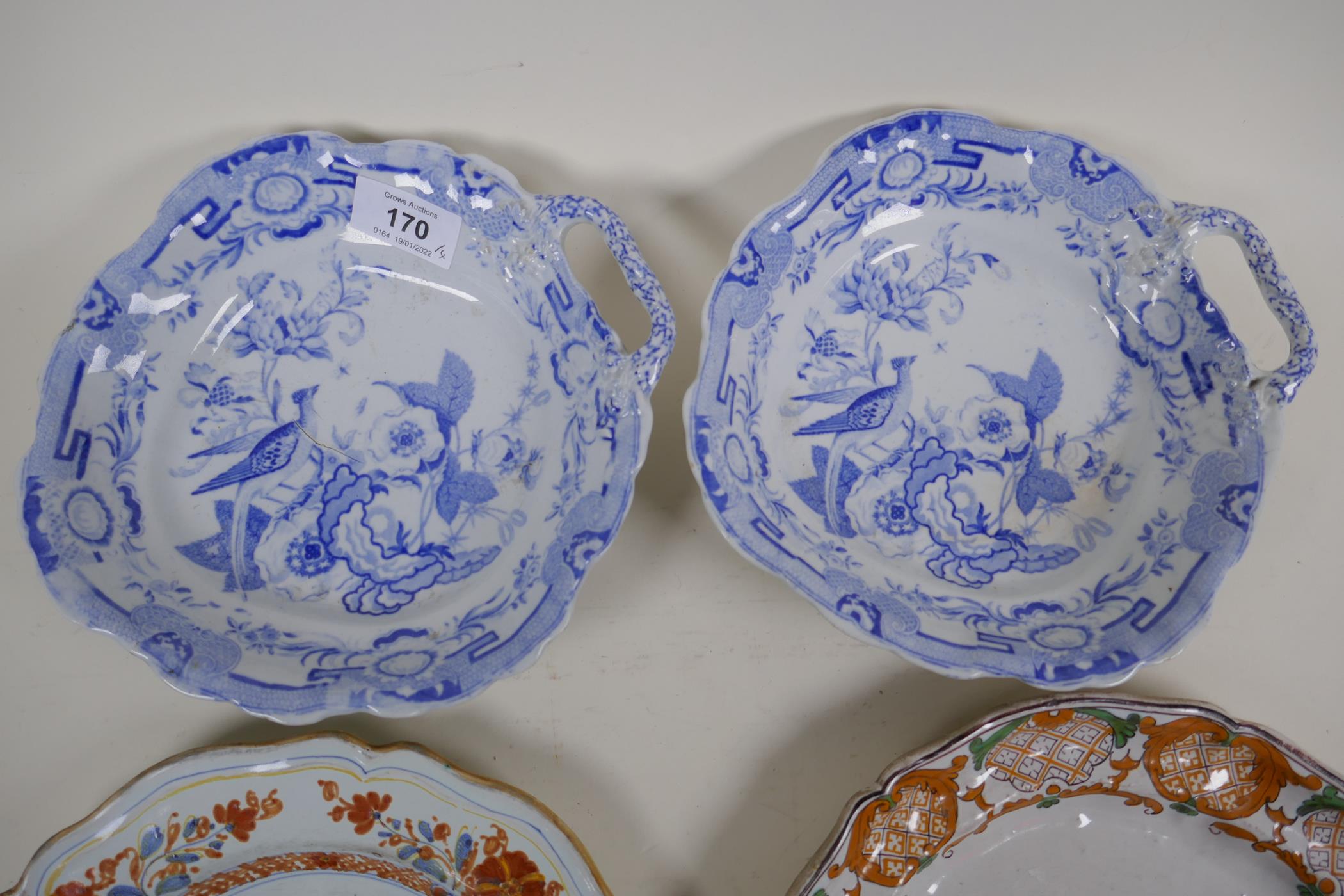 Two C19th Hicks and Meigh blue and white leaf shaped porcelain serving dishes, 8" diameter, and - Image 3 of 18