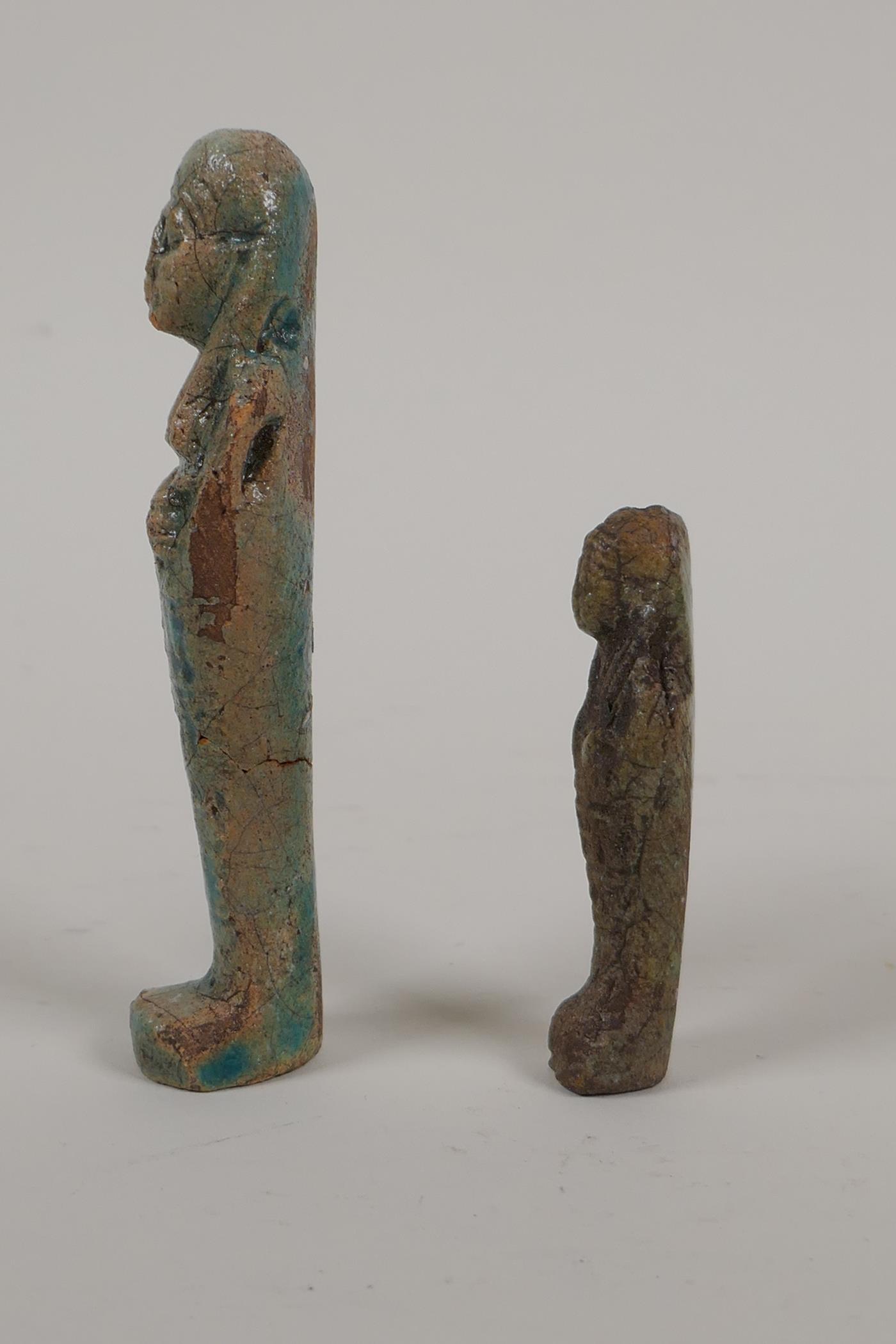 An Egyptian turquoise glazed faience shabti and another smaller, largest 4", AF repair - Image 3 of 10