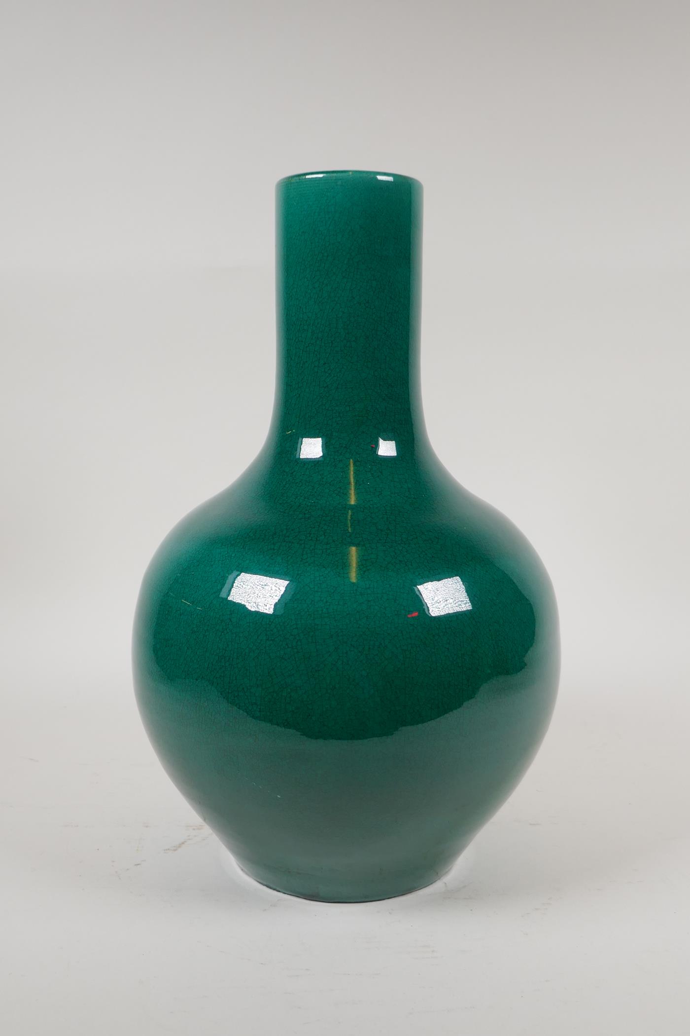 A Chinese emerald green crackle glazed porcelain bottle vase, 13" high - Image 2 of 8
