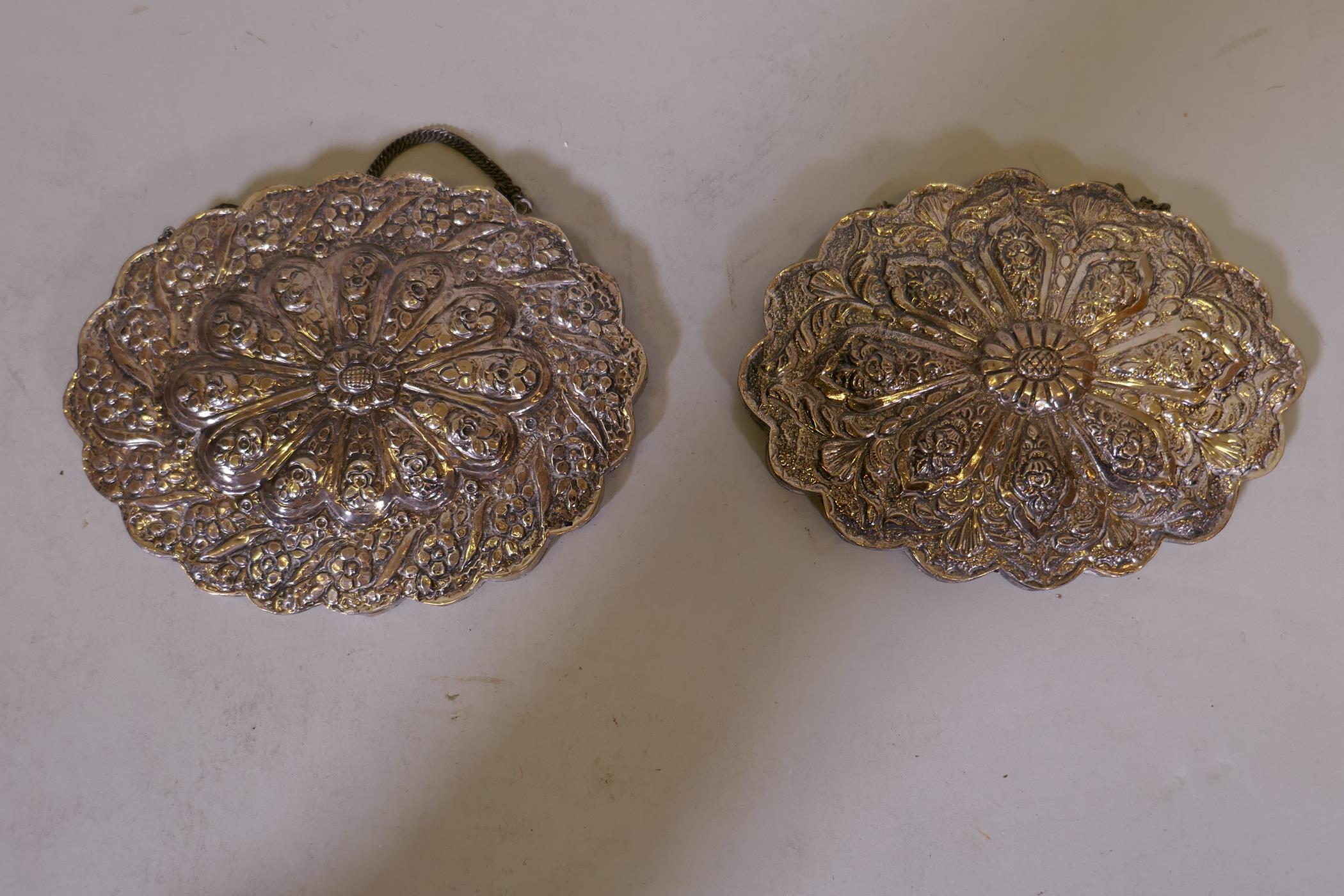 A pair of Turkish silver mirrors with repousse decoration, marked Tavra 900 6" x 5" - Image 2 of 2
