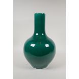A Chinese emerald green crackle glazed porcelain bottle vase, 13" high