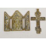 An antique Orthodox Church brass crucifix, 6" long, and a brass triptych, AF