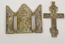 An antique Orthodox Church brass crucifix, 6" long, and a brass triptych, AF