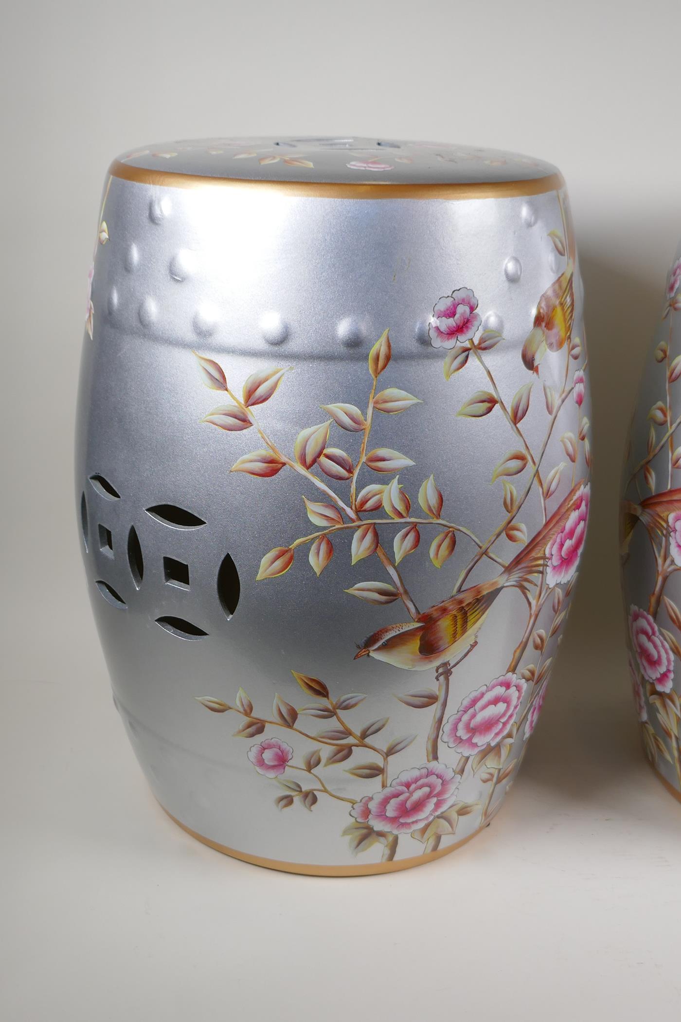 A pair of oriental porcelain barrel seats decorated with flowers, 18" high - Image 5 of 12