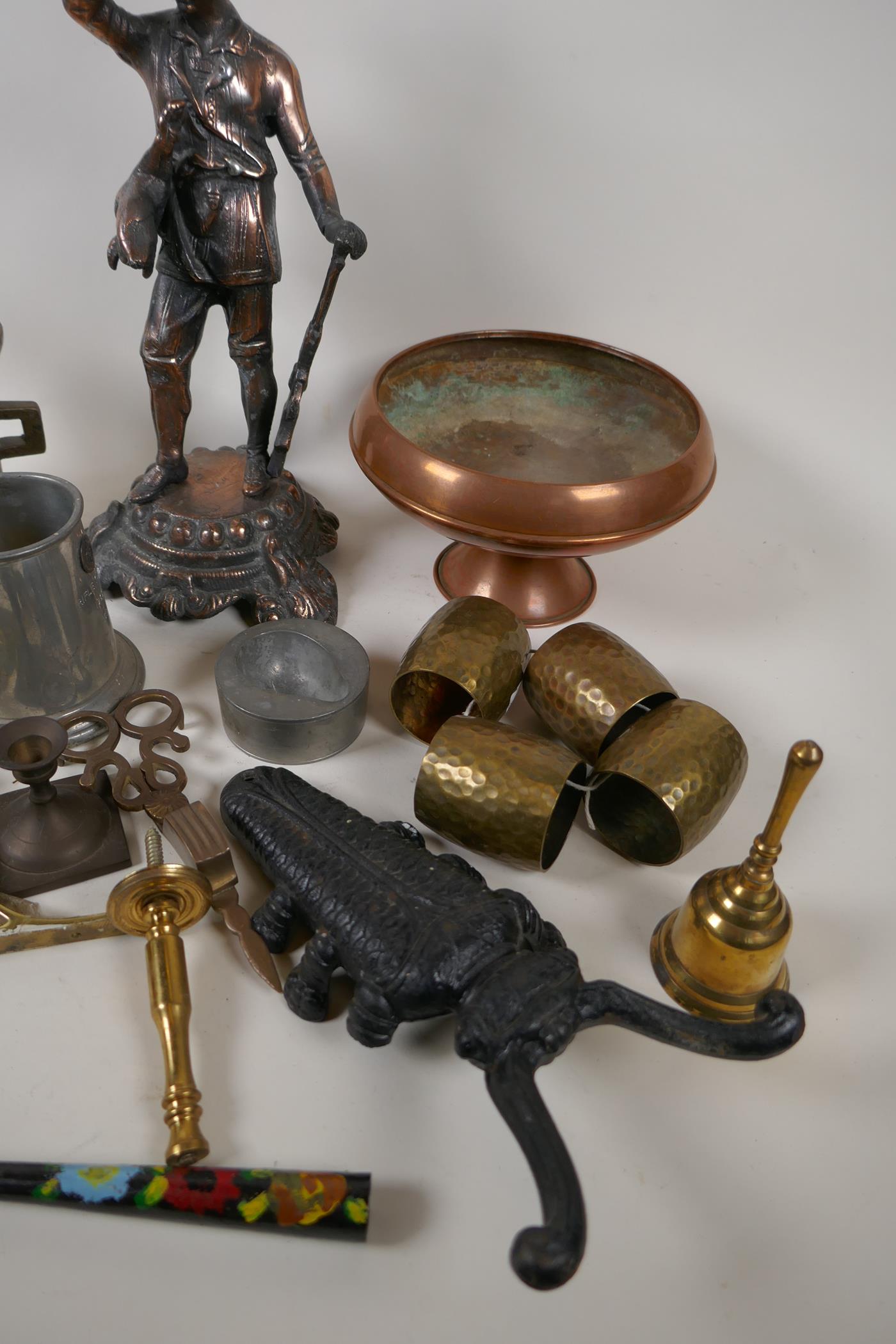 A quantity of brass, copper, pewter and other metal wares to include a coppered figure of a - Image 2 of 6