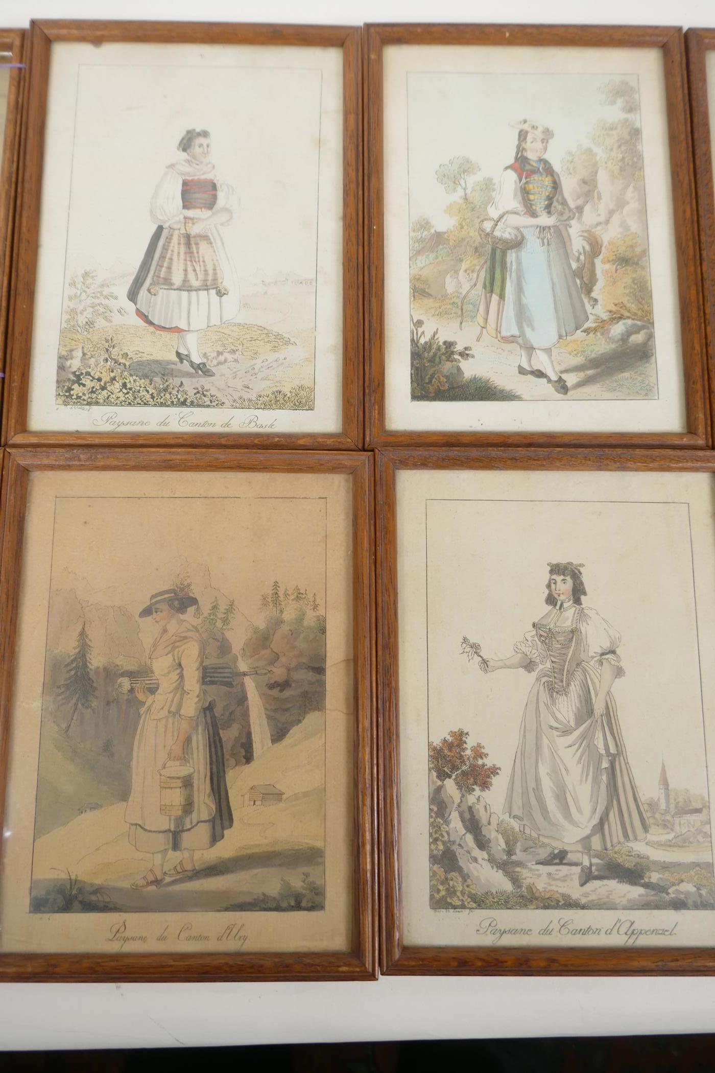 Eight C18th Swiss hand coloured engravings of paysan costume studies, 6" x 8" - Image 3 of 4