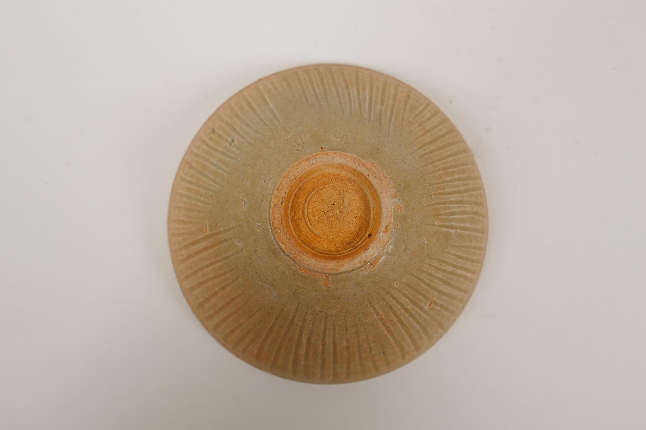 A Chinese song style pottery dish with a thin celadon glaze and incised decorative pattern, 6" - Image 5 of 5