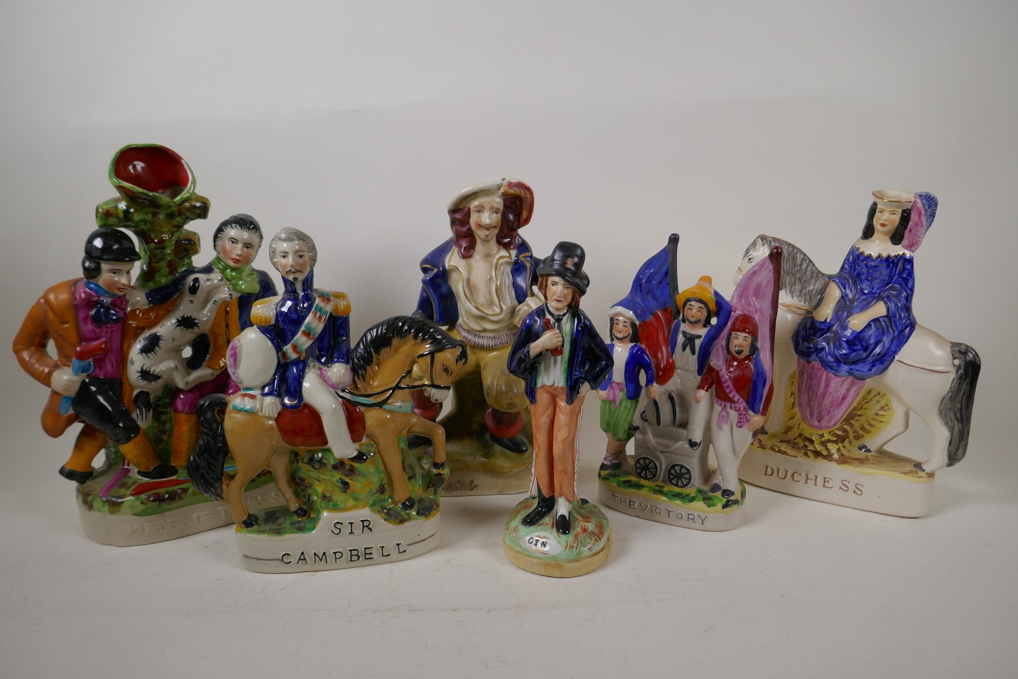 Six Staffordshire figures, Duchess, The Murder of Thomas Smith, Gin and Water, The Victory (