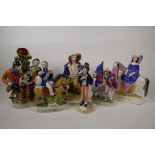 Six Staffordshire figures, Duchess, The Murder of Thomas Smith, Gin and Water, The Victory (