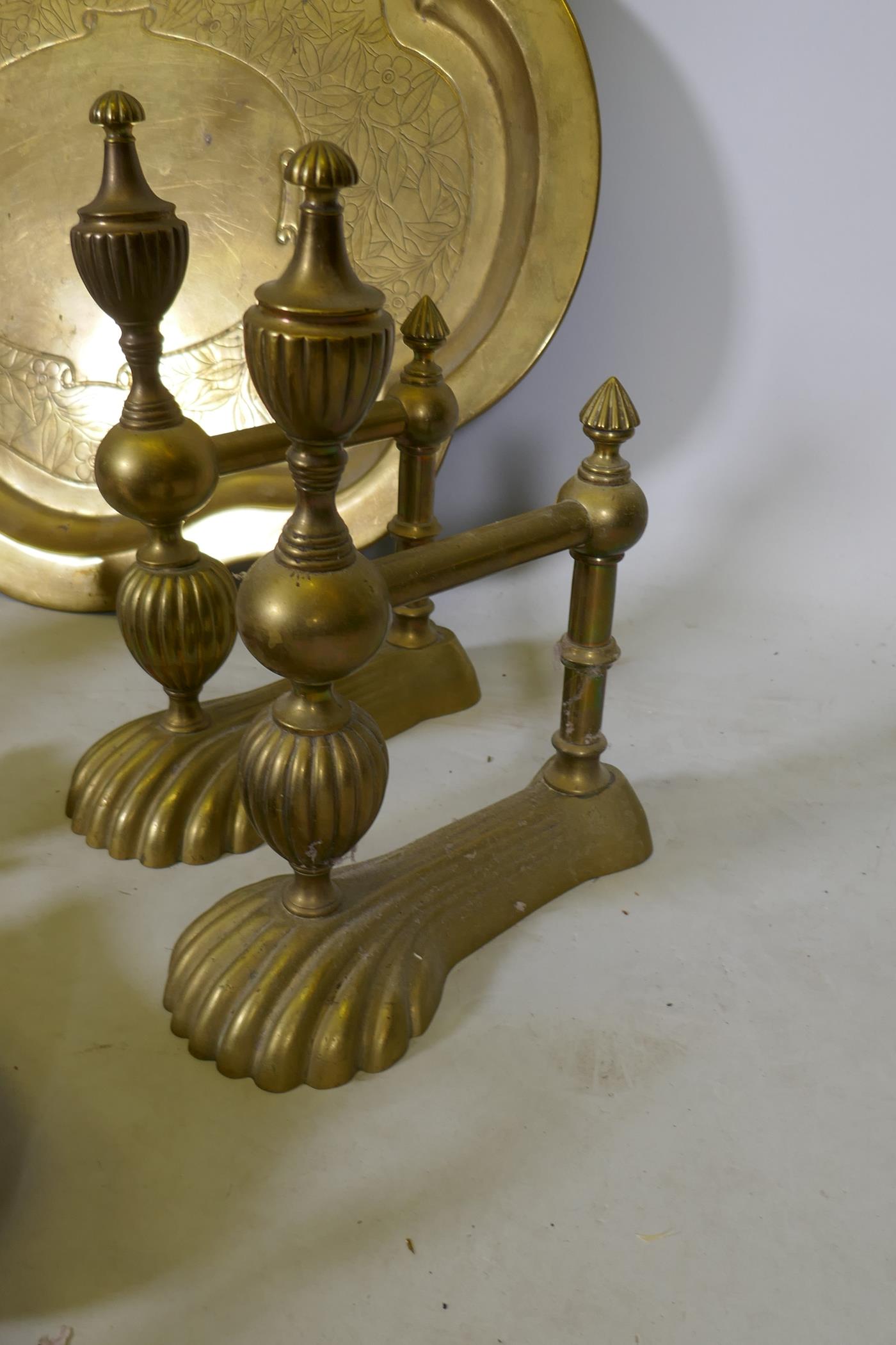 A pair of C19th brass fire dogs, a three branch wall sconce, tray etc and a set of four C19th bronze - Image 4 of 4