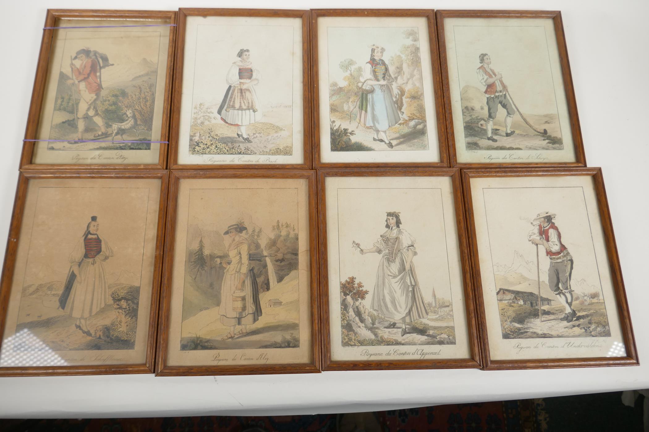 Eight C18th Swiss hand coloured engravings of paysan costume studies, 6" x 8"