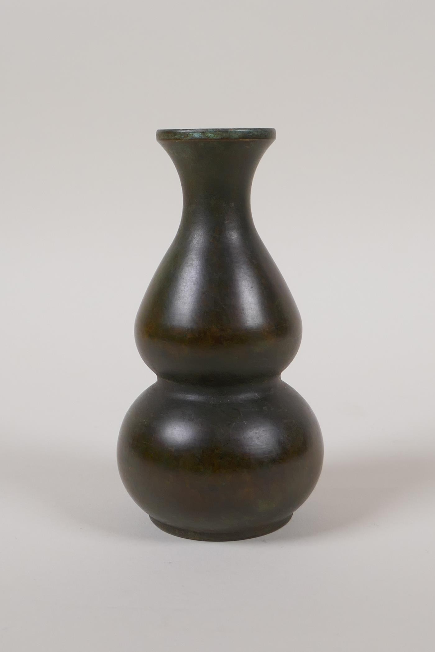 A Chinese bronze double gourd vase, impressed Yin Yang symbol to base, 5" high - Image 5 of 14
