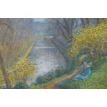 Sigismund Goetze, young woman seated in a river landscape, signed pastel drawing, 18" x 24"