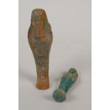 An Egyptian turquoise glazed faience shabti and another smaller, largest 4" high, AF repair