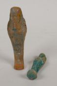 An Egyptian turquoise glazed faience shabti and another smaller, largest 4" high, AF repair