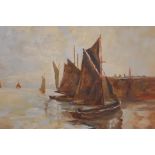 John Foulger, boats by a quayside, signed verso, oil on board, and another, boats at a port, both