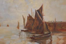 John Foulger, boats by a quayside, signed verso, oil on board, and another, boats at a port, both