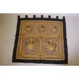 A vintage Indian stumpwork wall hanging with sequins and silver and gilt thread detail, 44" x 42"