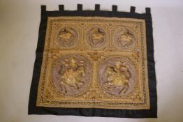 A vintage Indian stumpwork wall hanging with sequins and silver and gilt thread detail, 44" x 42"