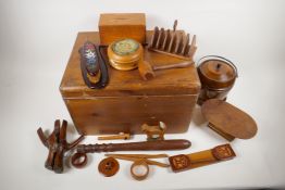 A pine box, 16" x 12" x 10", a quantity of treen and wooden items including a 40 year calendar,