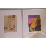 A. Milner-Gulland, nude study, mixed media/print, signed, 1/4, 14" x 11", and another
