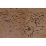 Emil Pottner, (German 1872-1942), ducks on a pond, ink on paper, signed, 15" x 11"