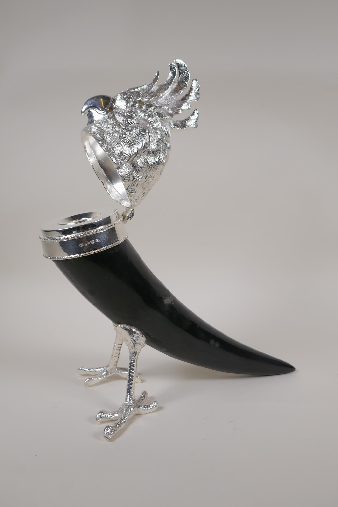 A silver plated mounted horn inkwell in the form of a cockatoo, AF mount loose, 11½" high - Image 2 of 5