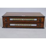 A Chadwicks Sewing Cottons antique walnut shop display case, with two drawers and eglomise panels,