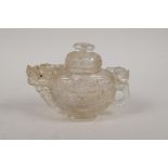 A Chinese archaic style moulded glass/crystal tea pot with dragon decoration to handle and spout, 5"