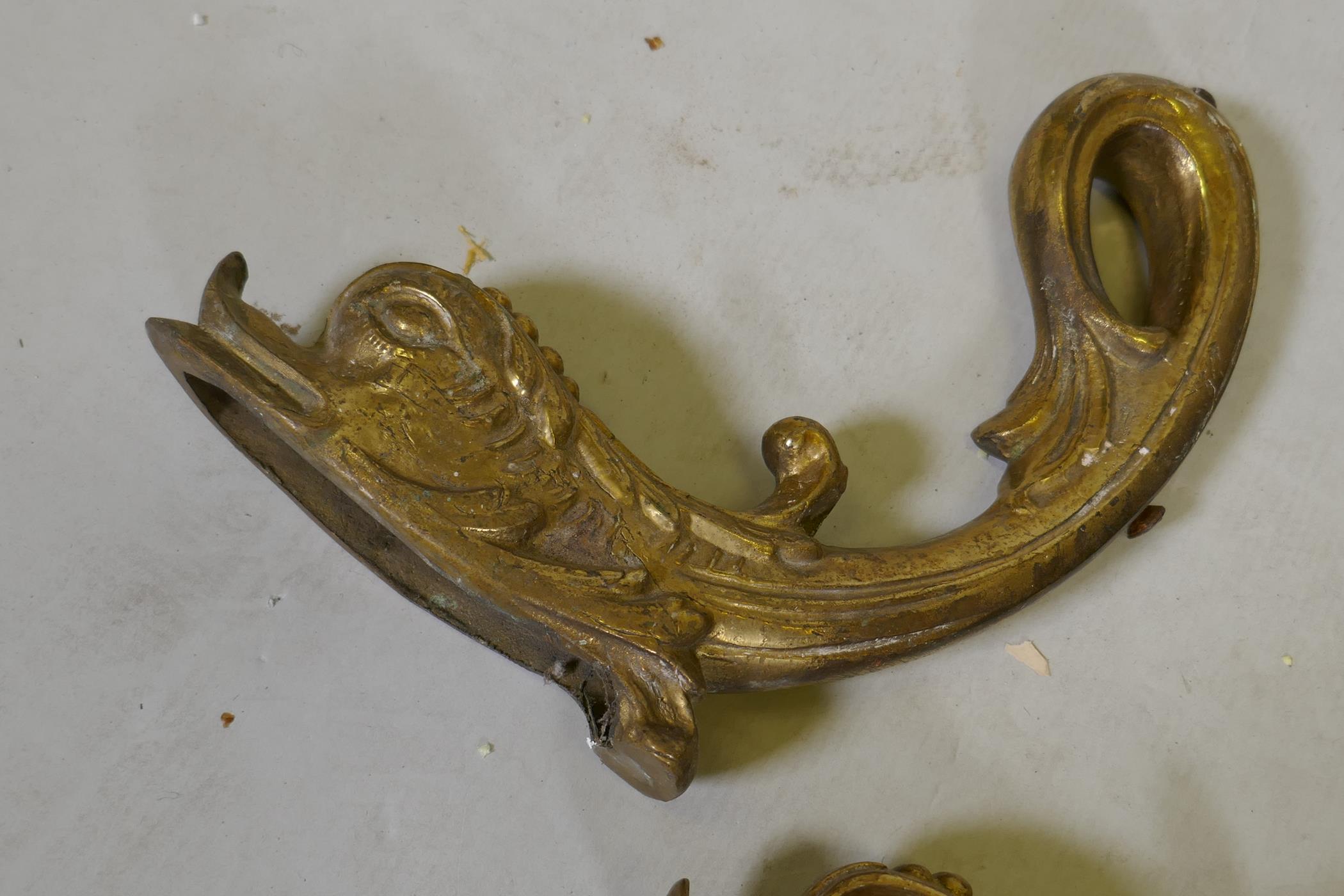 A pair of C19th brass fire dogs, a three branch wall sconce, tray etc and a set of four C19th bronze - Image 3 of 4