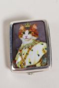 A sterling silver and cold enamel brooch decorated with a depiction of a Royal cat, 1" x ¼"
