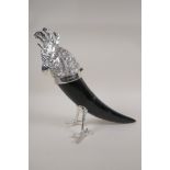 A silver plated mounted horn inkwell in the form of a cockatoo, AF mount loose, 11½" high