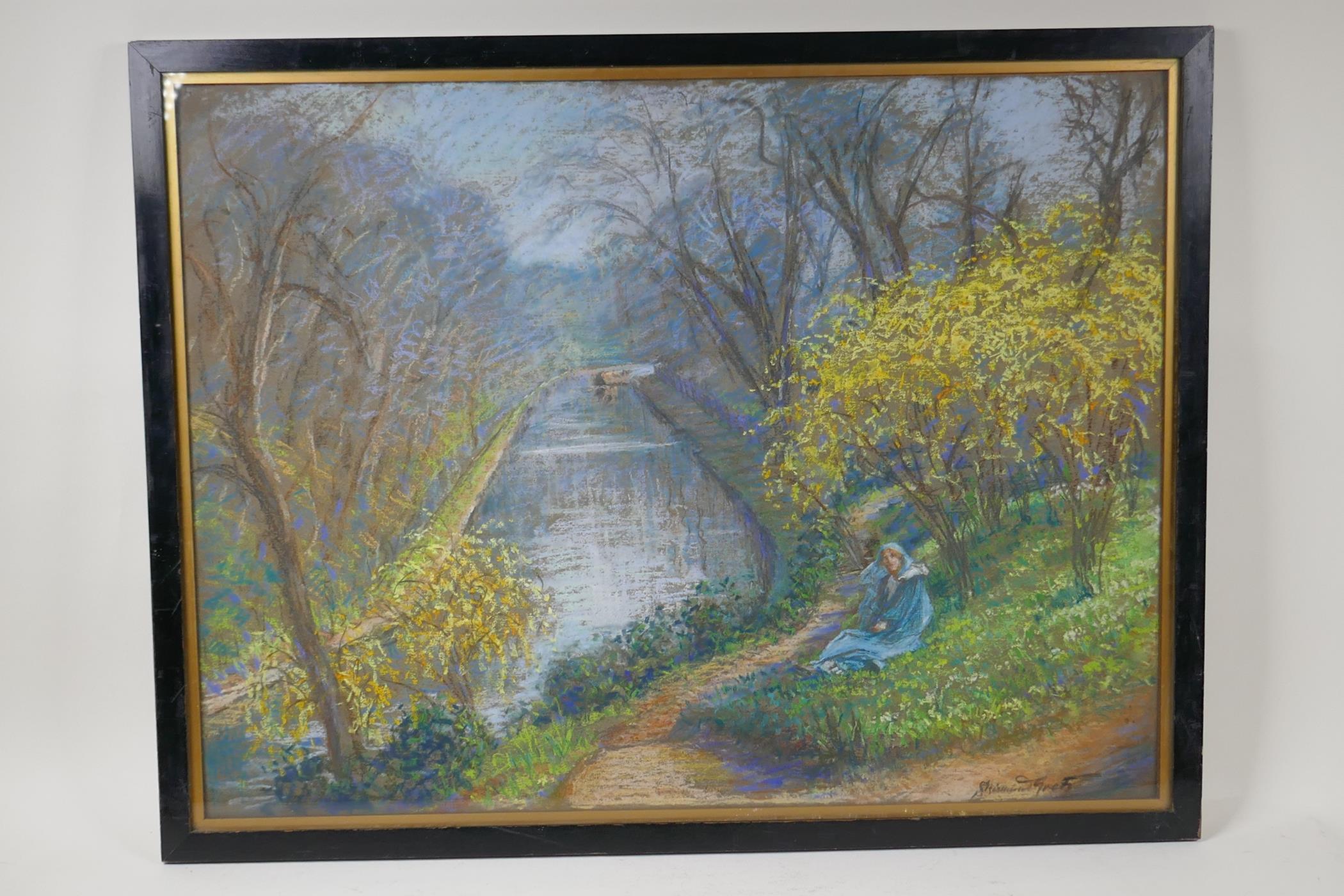 Sigismund Goetze, young woman seated in a river landscape, signed pastel drawing, 18" x 24" - Image 2 of 5