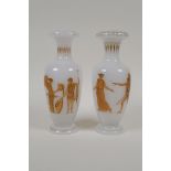 A pair of C19th Richardson Opaline glass vases with classical Grecian decoration and gilt