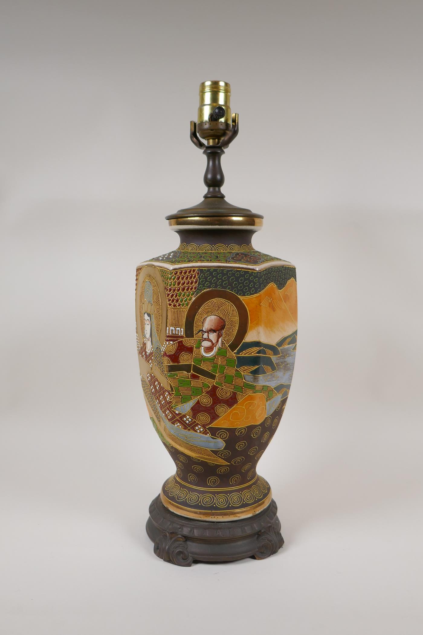 A Japanese Satsuma pottery lamp with figural decoration and bronzed metal mounts, 18½" high - Image 5 of 8