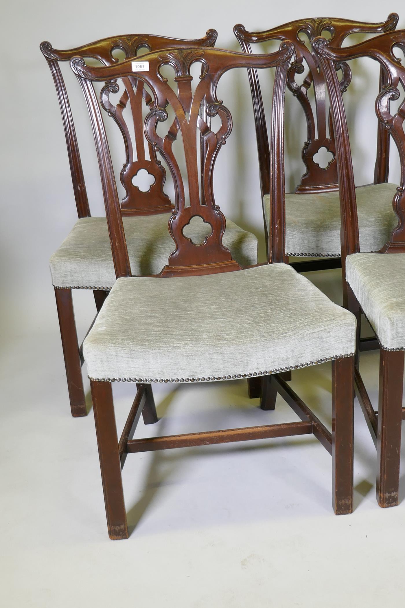 A set of six Chippendale style mahogany dining chairs with carved and pierced splats and overstuffed - Image 2 of 4