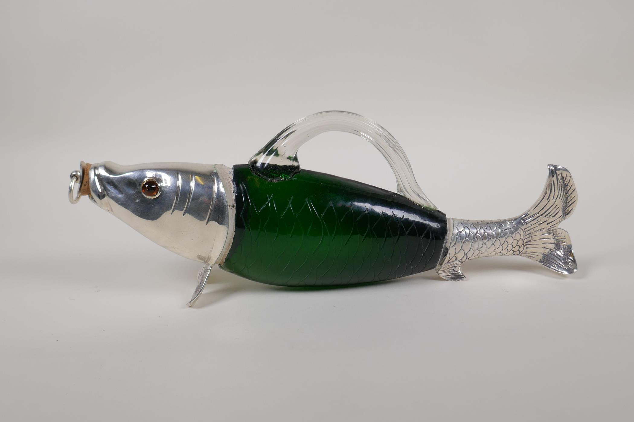 A silver plated and green glass carp decanter, 13" long - Image 2 of 3