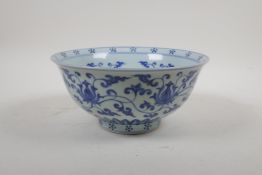 A blue and white porcelain bowl with scrolling lotus flower decoration, Chinese Xuande 6 character