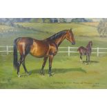 Mare and foal in a landscape, 'Solitaire II and Prince of Monaco', signed Waller, oil on canvas, 16"