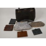 A vintage leather handbag marked Asprey together with two antique beaded evening clutch bags and