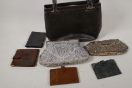 A vintage leather handbag marked Asprey together with two antique beaded evening clutch bags and