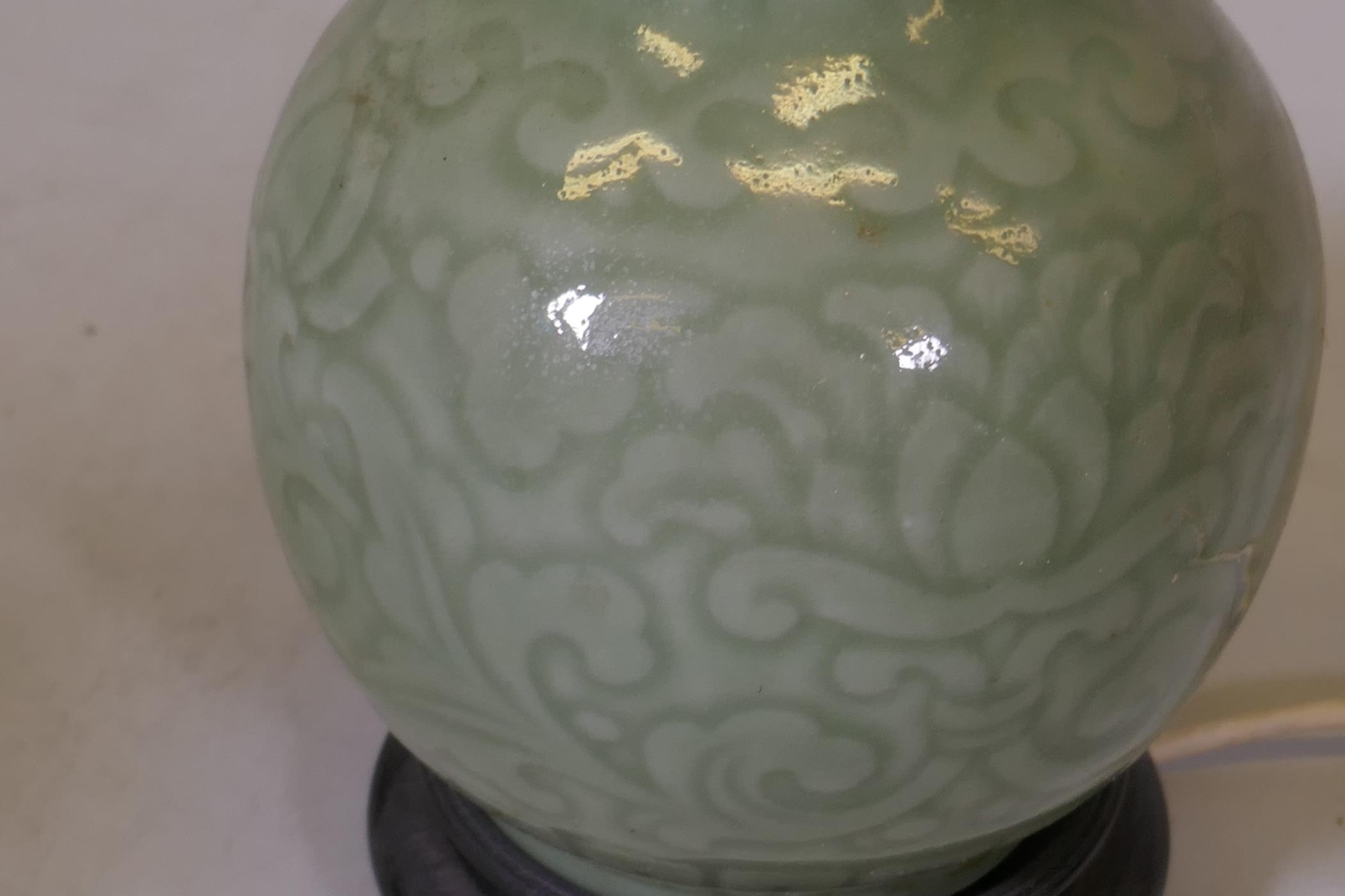 A celedon glazed porcelain table lamp, 13" high - Image 2 of 2