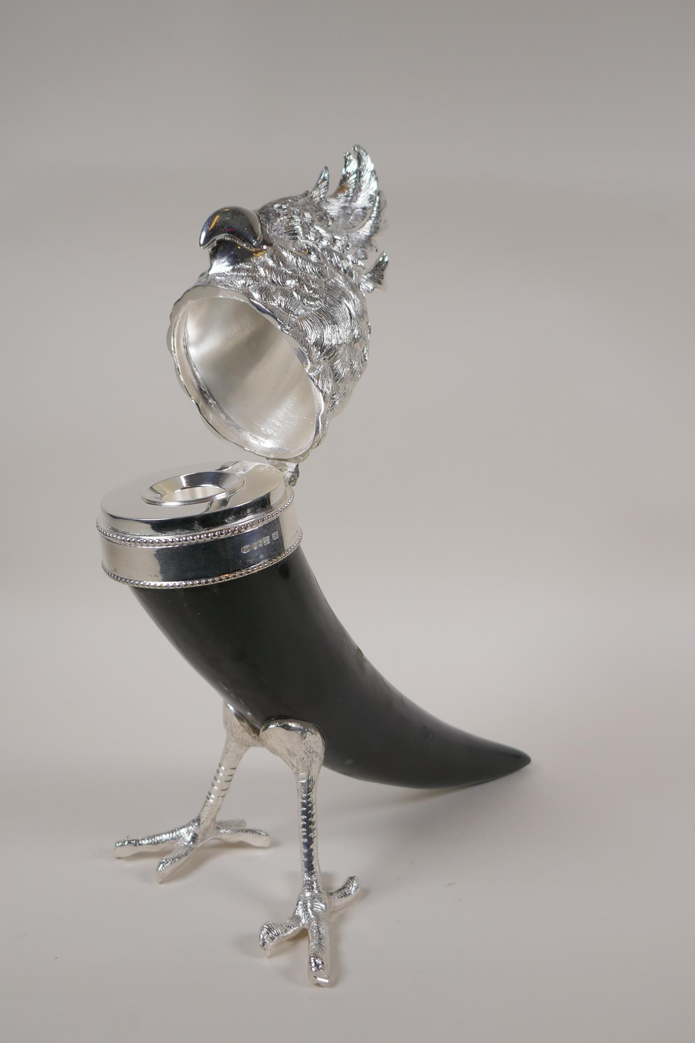 A silver plated mounted horn inkwell in the form of a cockatoo, AF mount loose, 11½" high - Image 3 of 5