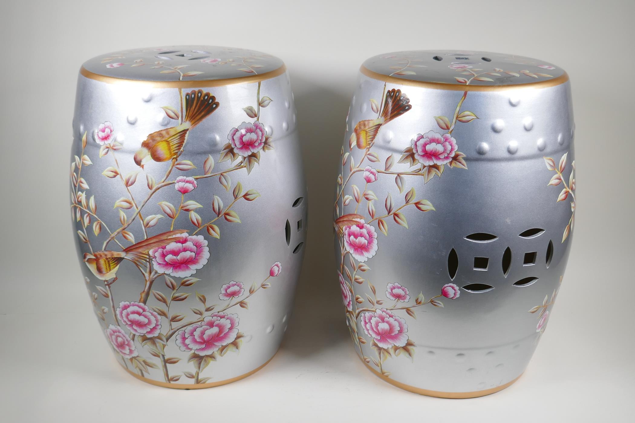 A pair of oriental porcelain barrel seats decorated with flowers, 18" high - Image 2 of 12