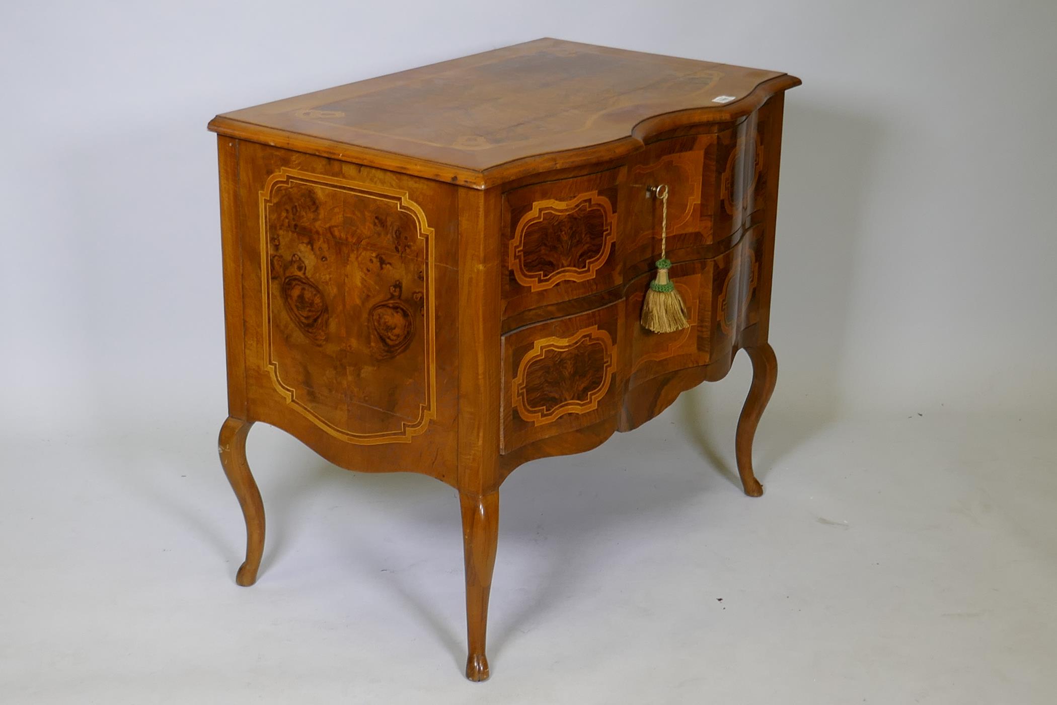 A continental inlaid walnut commode, with shaped top and two drawers, raised on cabriole supports - Image 3 of 4
