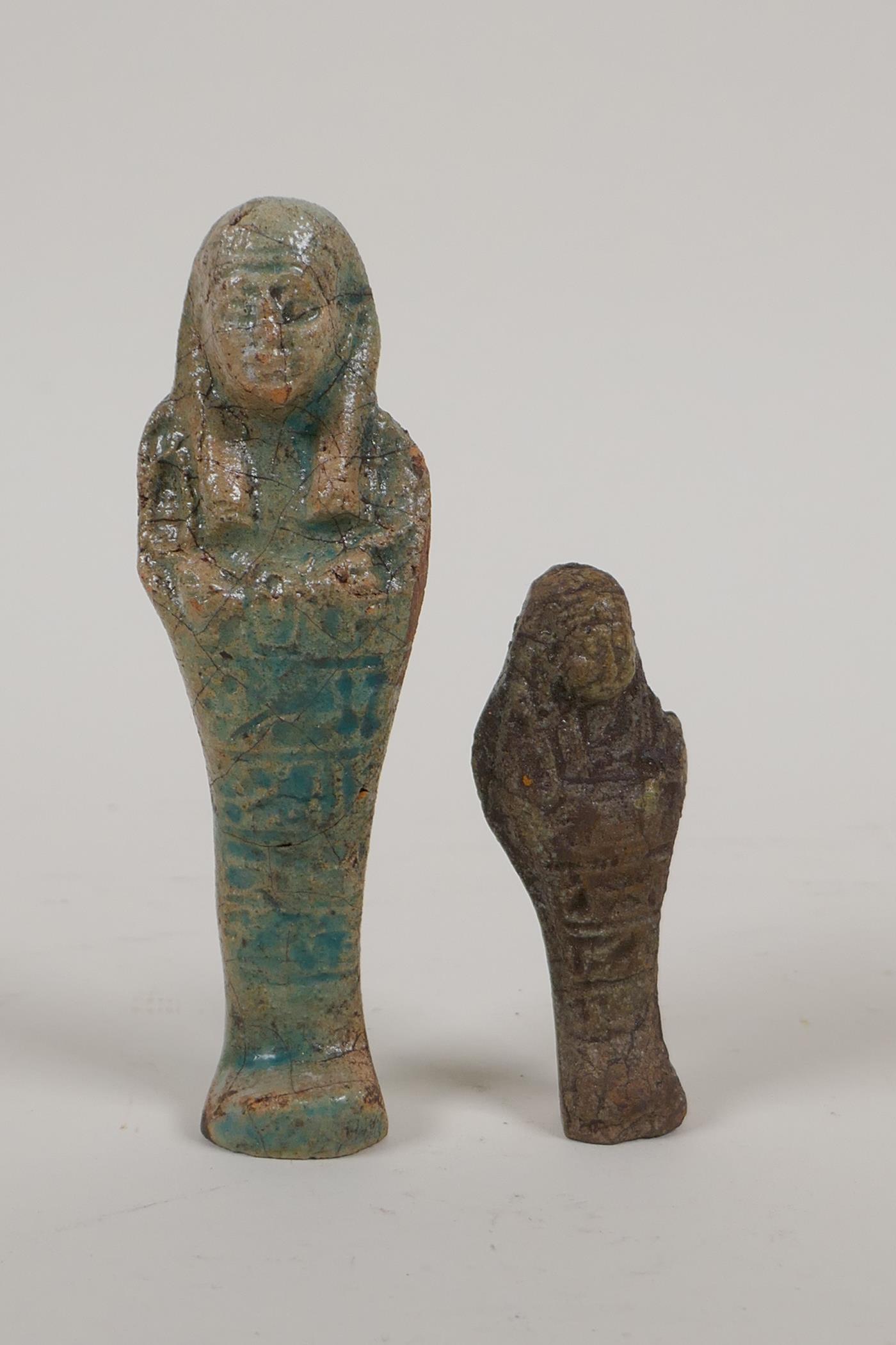 An Egyptian turquoise glazed faience shabti and another smaller, largest 4", AF repair - Image 2 of 10