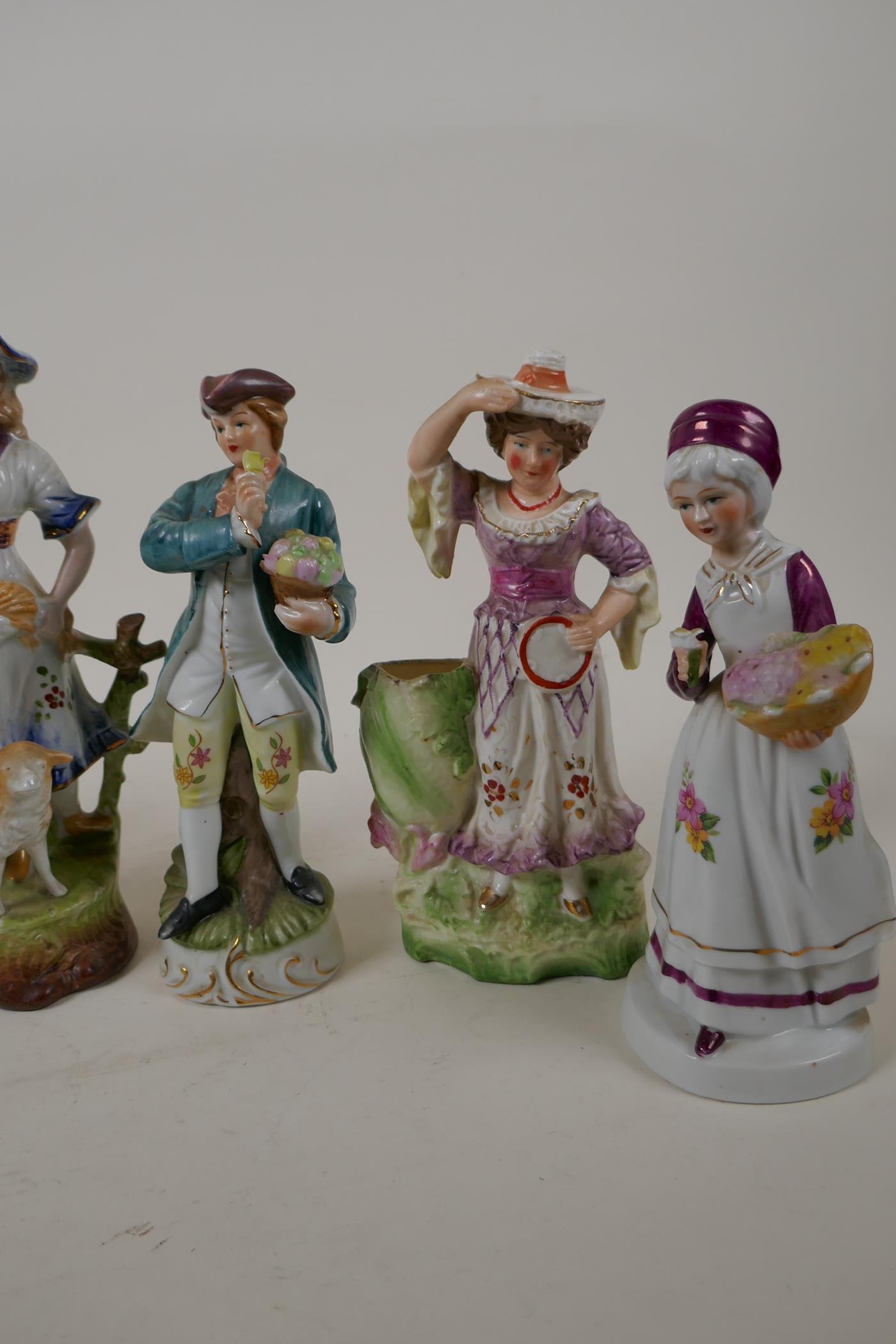 Two pairs of Continental porcelain figurines, largest 9½" high, and four other figurines - Image 5 of 5