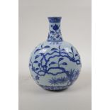 A Ming style blue and white porcelain flask decorated with bushes in bloom, 4 character mark to